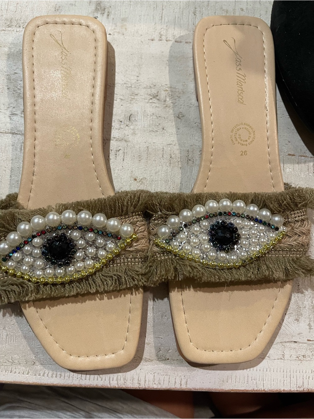 Fringed Beaded Eye Slide Sandals - Beige